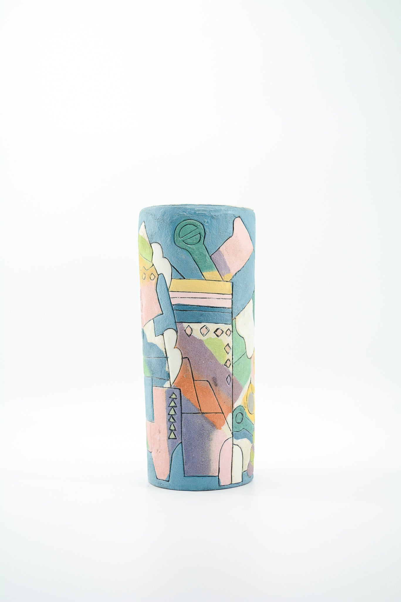 Cylindrical Art Pottery Vase with Abstract Motif / 抽象図案 シリンダー花瓶