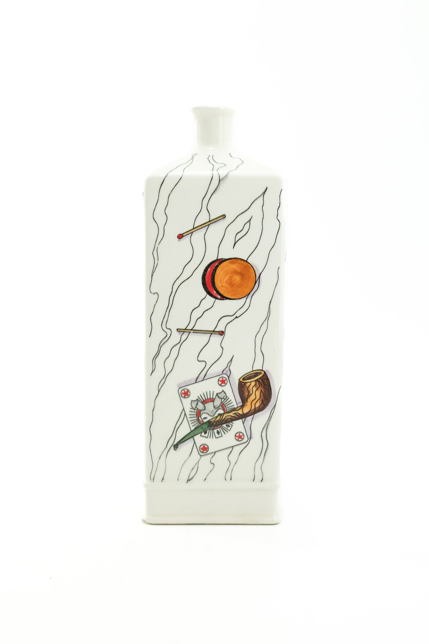Ceramic Bottle with Card and Pipe Illustration / ポーカーイラストの陶器ボトル