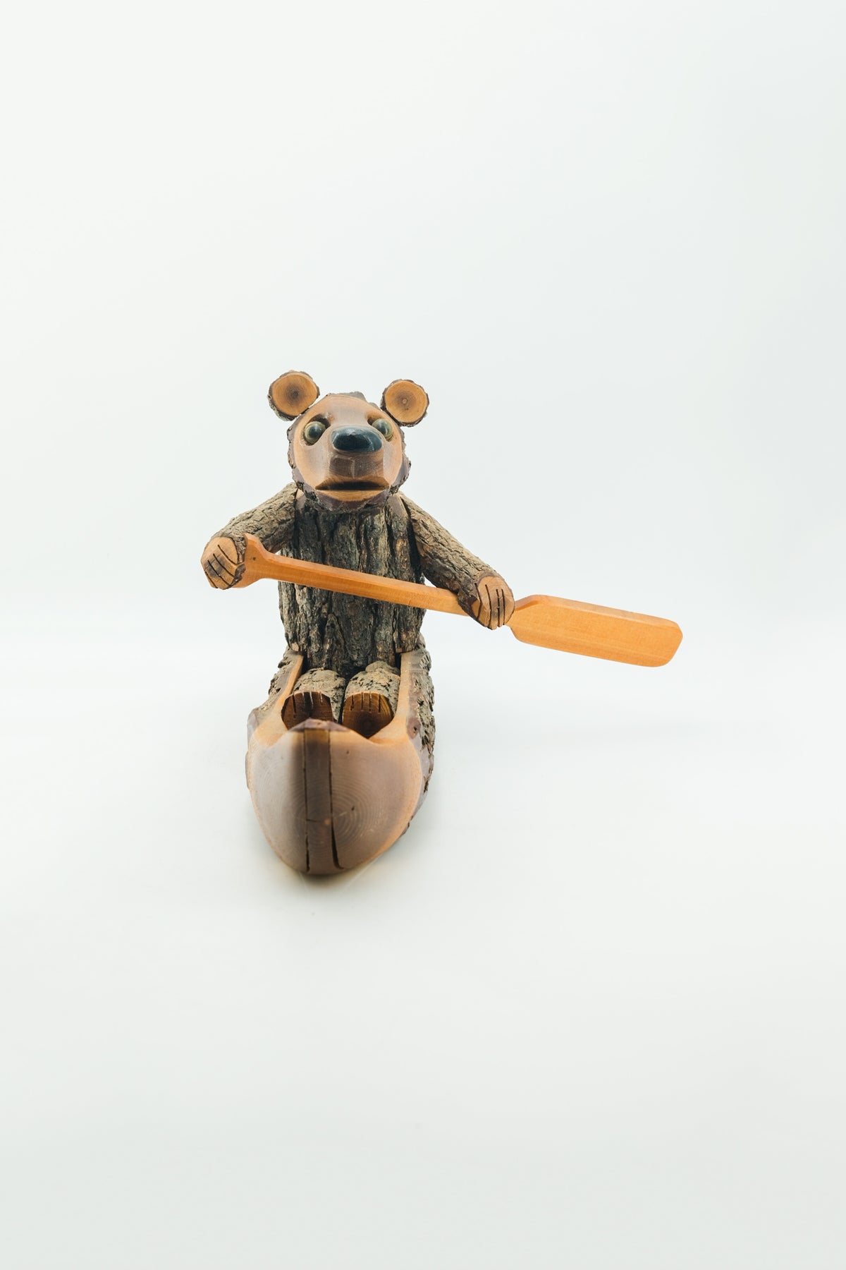 Bear on a Boat Wood Carving / ボートを漕ぐクマの木彫りオブジェ