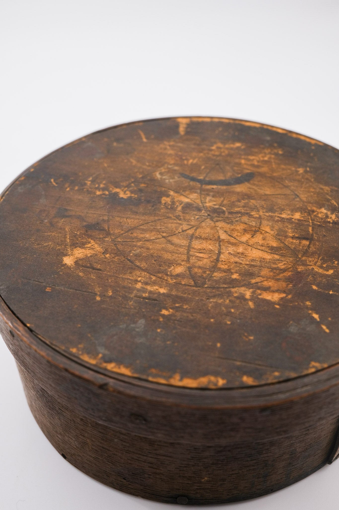 Vintage Wooden Round Bentwood Tally Box with Flower Pattern / ヴィンテージ 木製 ラウンド ベントウッド タリーボックス（花模様入り）