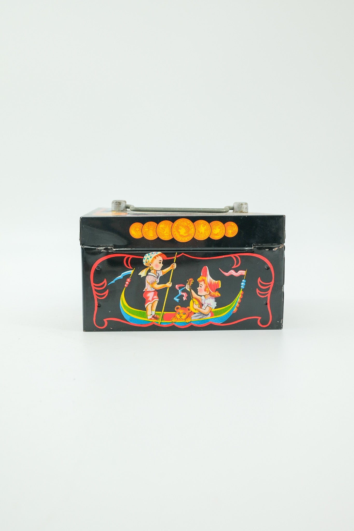Vintage Tin Money Box with Illustrations / ヴィンテージ ブリキ貯金箱（イラスト入り）