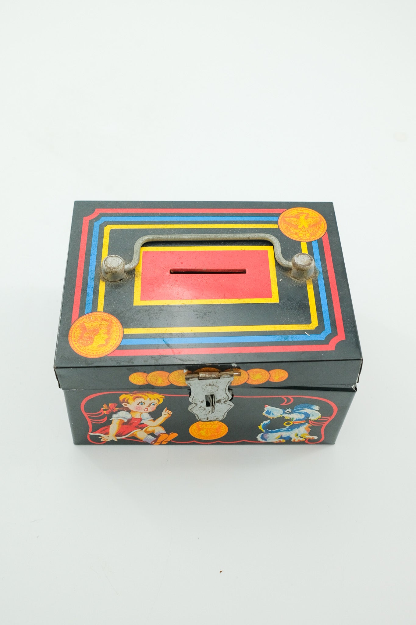 Vintage Tin Money Box with Illustrations / ヴィンテージ ブリキ貯金箱（イラスト入り）