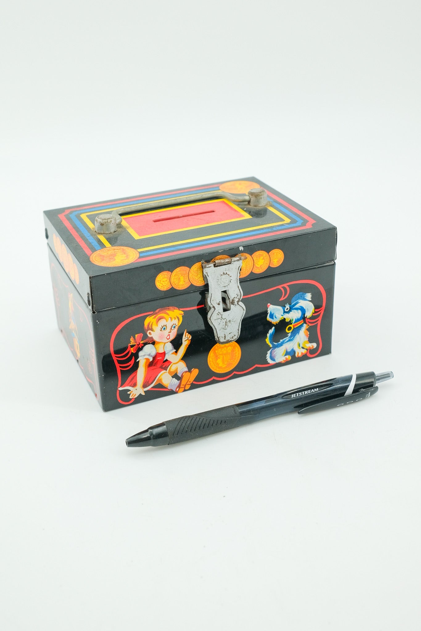 Vintage Tin Money Box with Illustrations / ヴィンテージ ブリキ貯金箱（イラスト入り）