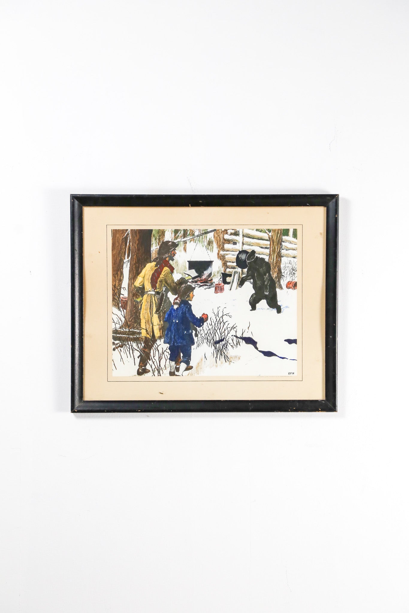 Vintage Art Print "The Bear and the Kettle" by RFH / ヴィンテージ アートプリント "熊と大釜" RFH署名入り