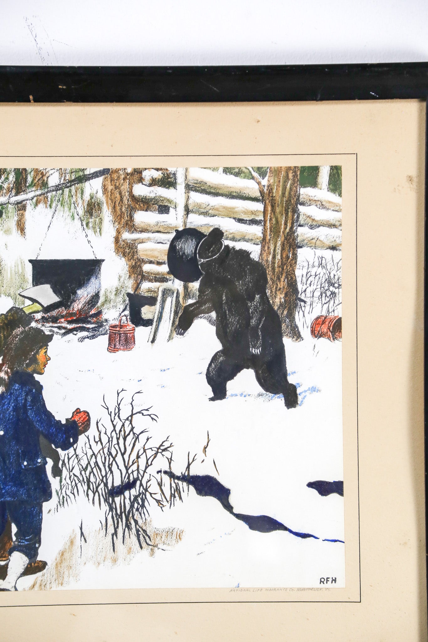 Vintage Art Print "The Bear and the Kettle" by RFH / ヴィンテージ アートプリント "熊と大釜" RFH署名入り