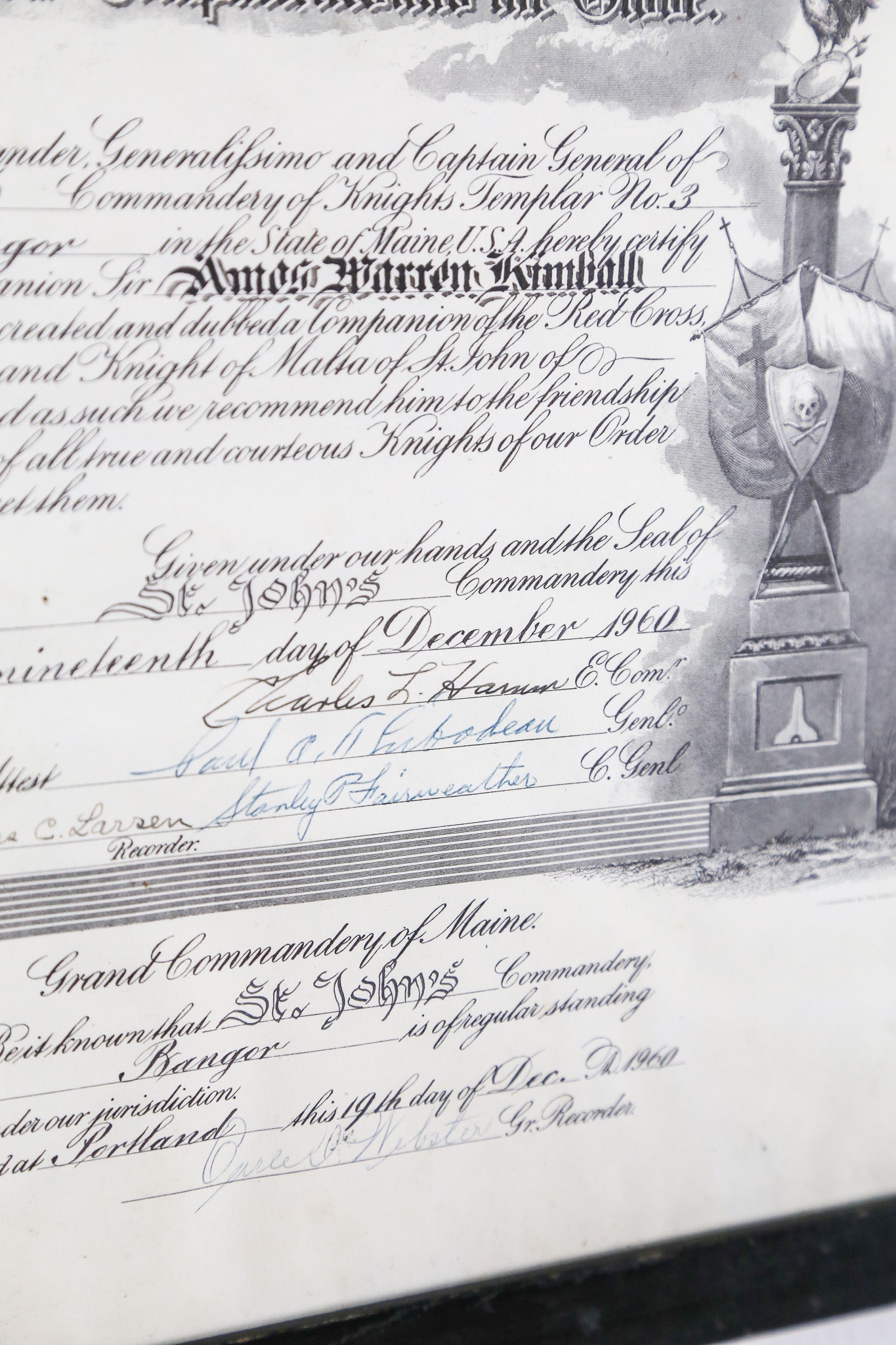 Knights Templar Certificate (1960) / 1960年 テンプル騎士団 認定証 額装品