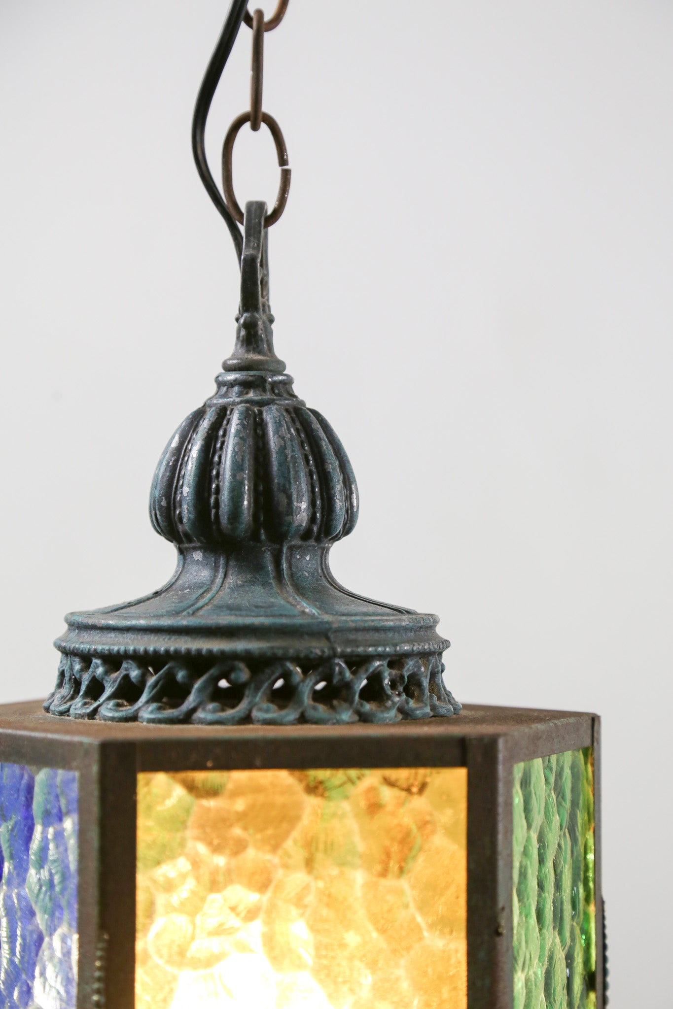 Antique Hexagonal Stained Glass Pendant Light / アンティーク 六角形 ステンドグラス ペンダントライト