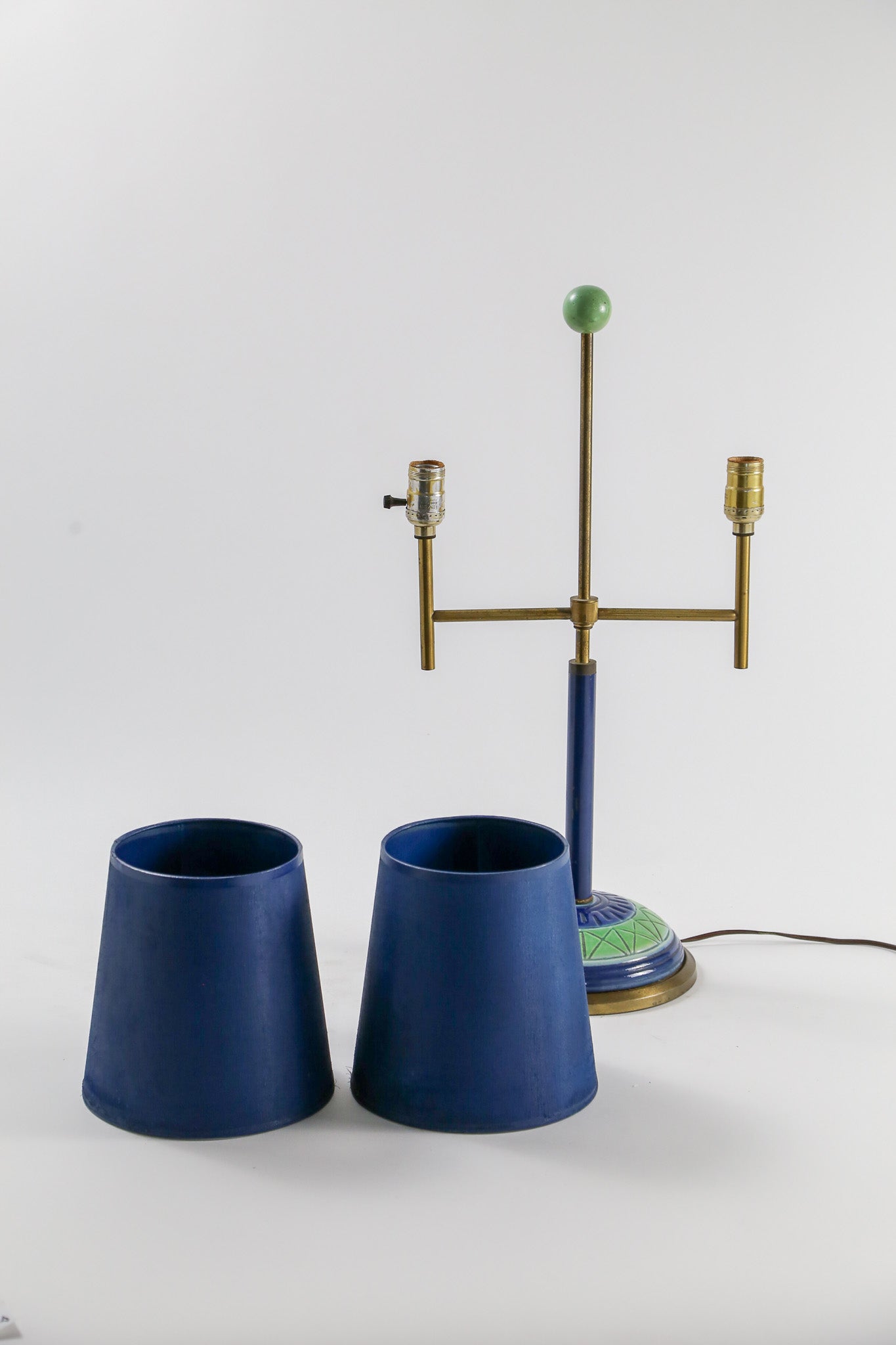 Double Arm Table Lamp with Blue Silk Shades / ブルーシルクシェード ダブルアームテーブルランプ